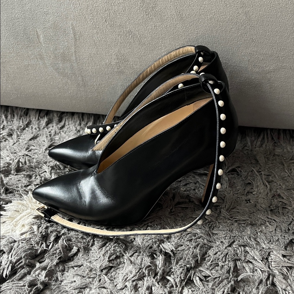 Jimmy Choo heels. Booties. Black. Faux pearl detail. Leather. Size 6. Pre-owned.
